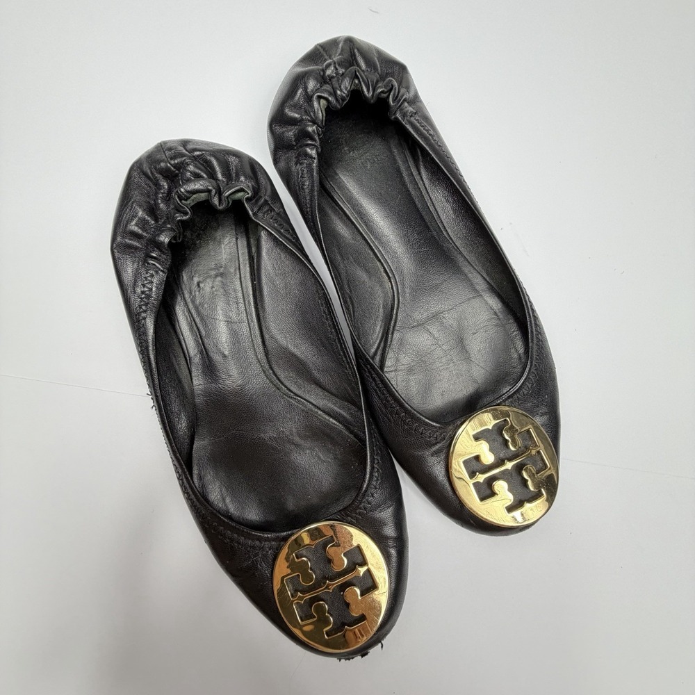 Tory Burch Reva Ballet Flats Womens 7.5 Black Leather Gold Logo Slip On Shoes - Picture 2 of 9